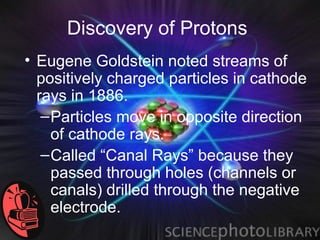 Discovery of Protons
• Eugene Goldstein noted streams of
  positively charged particles in cathode
  rays in 1886.
   – Particles move in opposite direction
     of cathode rays.
   – Called “Canal Rays” because they
     passed through holes (channels or
     canals) drilled through the negative
     electrode.
 
