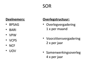 SOR Deelnemers: BPSAG  BARI VPW  VCPS NCF UOV Overlegstructuur: Overlegvergadering 1 x per maand Voorzittersvergadering 2 x per jaar Samenwerkingsoverleg 4 x per jaar 