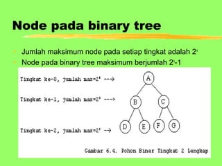 Node pada binary tree
• Jumlah maksimum node pada setiap tingkat adalah 2n
• Node pada binary tree maksimum berjumlah 2n
-1
 