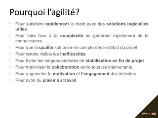 Pourquoi l’agilité?
•

•

•
•
•
•
•
•

Pour satisfaire rapidement le client avec des solutions logicielles
utiles
Pour faire face à la complexité en générant rapidement de la
connaissance
Pour que la qualité soit prise en compte dès le début du projet
Pour rendre visible les inefficacités
Pour éviter les longues périodes de stabilisation en fin de projet
Pour maximiser la collaboration entre tous les intervenants
Pour augmenter la motivation et l’engagement des individus
Pour avoir du plaisir au travail

 