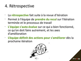 4. Rétrospective
•
•

•

•

La rétrospective fait suite à la revue d’itération
Permet à l'équipe de prendre du recul sur l'itération
terminée et le processus de travail
L'équipe s'auto-évalue sur ce qui a bien fonctionné,
ce qu'on doit faire autrement, et les axes
d'amélioration
L’équipe définit des actions pour s'améliorer dès la
prochaine itération 

 