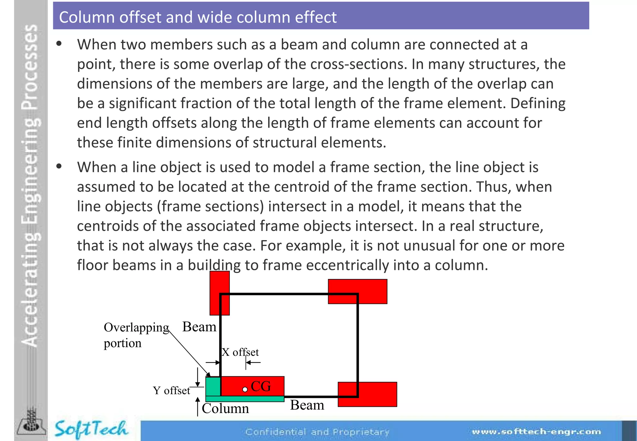 When two members such as a beam and column are connected at a point, there is some overlap of the cross-sections. In many structures, the dimensions of the members are large, and the length of the overlap can be a significant fraction of the total length of the frame element. Defining end length offsets along the length of frame elements can account for these finite dimensions of structural elements. When a line object is used to model a frame section, the line object is assumed to be located at the centroid of the frame section. Thus, when line objects (frame sections) intersect in a model, it means that the centroids of the associated frame objects intersect. In a real structure, that is not always the case. For example, it is not unusual for one or more floor beams in a building to frame eccentrically into a column. Column offset and wide column effect Beam Beam Column CG Y offset X offset Overlapping portion 