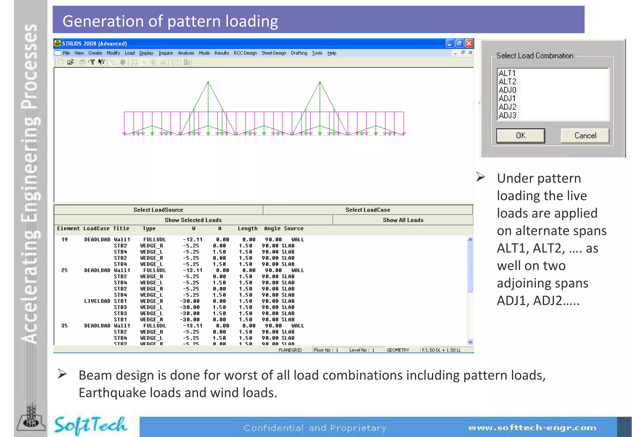 Generation of pattern loading Under pattern loading the live loads are applied on alternate spans ALT1, ALT2, …. as well on two adjoining spans ADJ1, ADJ2…..  Beam design is done for worst of all load combinations including pattern loads, Earthquake loads and wind loads. 