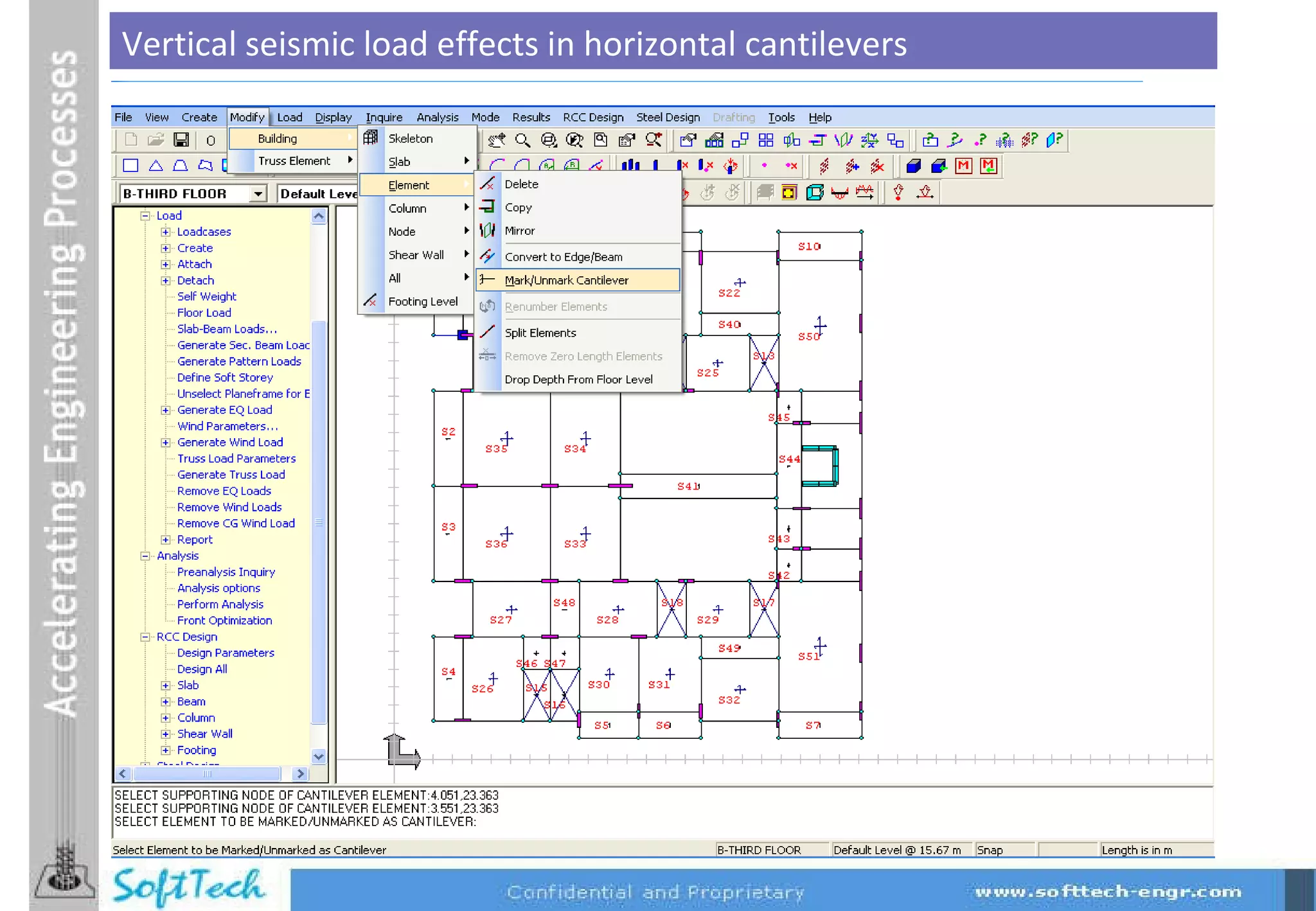 Facility to consider Vertical Seismic loads, for all the elements marked as Horizontal Cantilevers. The total seismic weight W, acting on the cantilever beam is given as, W = [Sum of all Elemental Dead loads] + [ (Live load reduction factor at the set floor level) * (sum of all Elemental  Live Loads)] + [Dead load reaction of Cross Beam]  + [(Live load reduction factor) * (Live load reaction of Cross Beam) ] This load is assumed to act at the center of the cantilever beam. The total design vertical seismic force is given as V = (10/3) * Ah * Total Seismic weight However, declaring these elements as cantilevers, will not affect the analysis results at all, and the cantilevering effect will be taken into account only at the design level. Vertical seismic load effects in horizontal cantilevers 