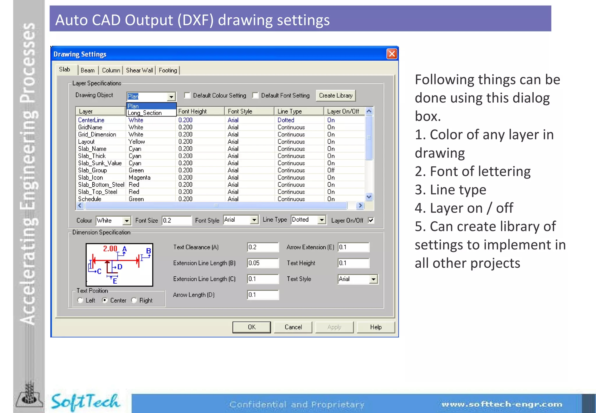 Auto CAD Output (DXF) drawing settings Following things can be done using this dialog box. 1. Color of any layer in drawing 2. Font of lettering 3. Line type  4. Layer on / off 5. Can create library of settings to implement in all other projects 