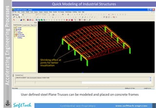Quick Modeling of Industrial Structures User defined steel Plane Trusses can be modeled and placed on concrete frames Shrinking effect at joints for better visualization 