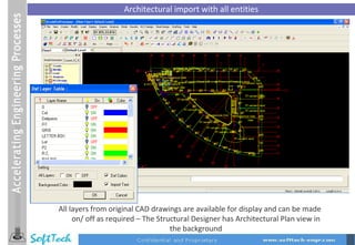 Architectural import with all entities All layers from original CAD drawings are available for display and can be made on/ off as required – The Structural Designer has Architectural Plan view in the background 