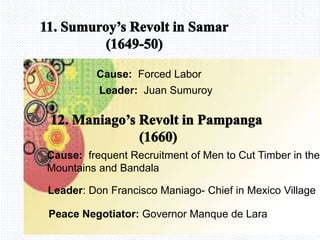 Avemaria college
Leader: Juan Sumuroy
Cause: Forced Labor
Leader: Don Francisco Maniago- Chief in Mexico Village
Cause: frequent Recruitment of Men to Cut Timber in the
Mountains and Bandala
Peace Negotiator: Governor Manque de Lara
 