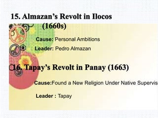 Avemaria college
Cause: Personal Ambitions
Leader: Pedro Almazan
Cause:Found a New Religion Under Native Supervisi
Leader : Tapay
 