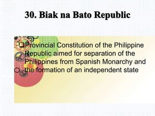 Avemaria college
Provincial Constitution of the Philippine
Republic aimed for separation of the
Philippines from Spanish Monarchy and
the formation of an independent state
 