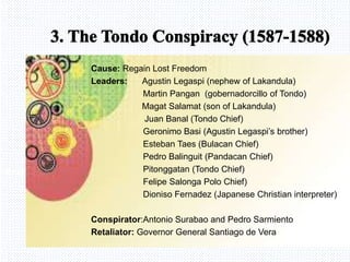 Avemaria college
Cause: Regain Lost Freedom
Leaders: Agustin Legaspi (nephew of Lakandula)
Martin Pangan (gobernadorcillo of Tondo)
Magat Salamat (son of Lakandula)
Juan Banal (Tondo Chief)
Geronimo Basi (Agustin Legaspi’s brother)
Esteban Taes (Bulacan Chief)
Pedro Balinguit (Pandacan Chief)
Pitonggatan (Tondo Chief)
Felipe Salonga Polo Chief)
Dioniso Fernadez (Japanese Christian interpreter)
Conspirator:Antonio Surabao and Pedro Sarmiento
Retaliator: Governor General Santiago de Vera
 