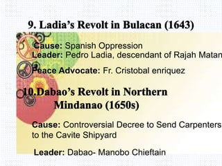 Avemaria college
Leader: Pedro Ladia, descendant of Rajah Matan
Peace Advocate: Fr. Cristobal enriquez
Cause: Spanish Oppression
Cause: Controversial Decree to Send Carpenters
to the Cavite Shipyard
Leader: Dabao- Manobo Chieftain
 