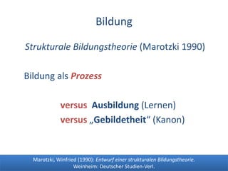 BildungStrukturale Bildungstheorie (Marotzki 1990)    Bildung als ProzessversusAusbildung (Lernen)versus„Gebildetheit“ (Kanon)Marotzki, Winfried (1990): Entwurf einer strukturalen Bildungstheorie. Weinheim: Deutscher Studien-Verl.