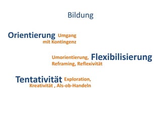 BildungOrientierungUmgang mit KontingenzFlexibilisierungUmorientierung,Reframing, ReflexivitätTentativitätExploration, Kreativität , Als-ob-Handeln