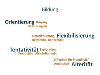BildungOrientierungUmgang mit KontingenzFlexibilisierungUmorientierung,Reframing, ReflexivitätTentativitätExploration, Kreativität , Als-ob-HandelnOffenheit für Fremdheit/AndersheitAlterität