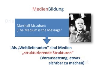 MedienBildungOrientierung Marshall McLuhan: „The Medium isthe Message“Umgang mit KontingenzAls Teil der Welt sind Medien „Gegenstand“ 			(sichtbar, objektivierbar)Als „Weltlieferanten“ sind Medien„strukturierende Strukturen“			(Voraussetzung, etwas 			         sichtbar zu machen)FlexibilisierungUmorientierung,Reframing, ReflexivitätTentativitätExploration, Kreativität , Als-ob-HandelnOffenheit für Fremdheit/AndersheitAlterität