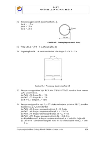 BAB V
PENDAHULUAN BATANG TEKAN
Perancangan Struktur Gedung Metode LRFD – Elemen Aksial 124
P O L B A NP O L B A N
5.2 Penampang pipa seperti dalam Gambar S5.2.
(a) L = 11,0 m
(b) L = 7,3 m
(c) L = 3,6 m
Gambar S5.2 Penampang Pipa untuk Soal 5.2
5.3 W12 x 50. L = 20 ft – 0 in. (Jawab: 280,6 k)
5.4 Sepasang kanal C12 x 30 dalam Gambar S5.4 dengan L = 36 ft – 0 in.
Gambar S5.4 Penampang Kanal untuk Soal 5.4
5.5 Dengan menggunakan baja BJ50 dan SNI 03-1729-02, tentukan kuat rencana
φcNn
(a) W14 x 90 dengan KL = 12 ft
kolom berikut.
(b) W12 x 72 dengan KL = 22 ft
(c) S10 x 35 dengan KL = 12 ft
5.6 Dengan menggunakan baja Fy = 50 ksi (kecuali (e))dan peraturan LRFD, tentukan
kuat rencana φcPn
(a) W14 x 68 dengan: tumpuan jepit-jepit, L = 18 ft-6 in.
kolom berikut.
(b) W12 x 40 dengan: tumpuan sendi-sendi, L = 22 ft-0 in.
(c) W10 x 49 dengan: tumpuan jepit-sendi, KL = 22 ft-6 in.
(d) W14 x 193 dengan: tumpuan jepit-jepit, KL = 26 ft-0 in.
(e) Pipa kekuatan 12 X dengan: tumpuan sendi-sendi, L = 20 ft-0 in., baja A36.
(f) 2L6 x 6 x 1 dipisahkan oleh pelat buhul 3/8 in, tumpuan sendi-sendi, L = 24 ft-
6 in.
C12 x 30
12 in
C12 x 30
12 in
200 mm
12,5 mm
200 mm
12,5 mm
 