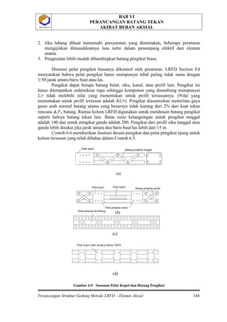 BAB VI
PERANCANGAN BATANG TEKAN
AKIBAT BEBAN AKSIAL
Perancangan Struktur Gedung Metode LRFD – Elemen Aksial 144
P O L B A NP O L B A N
2. Jika lubang dibuat memenuhi persyaratan yang dimintakan, beberapa peraturan
mengijinkan dimasukkannya luas netto dalam penampang efektif dari elemen
utama.
3. Pengecatan lebih mudah dibandingkan batang pengikat biasa.
Dimensi pelat pengikat biasanya dikontrol oleh peraturan. LRFD Section E4
menyatakan bahwa pelat pengikat harus mempunyai tebal paling tidak sama dengan
1/50 jarak antara baris baut atau las.
Pengikat dapat berupa batang bulat, siku, kanal, atau profil lain. Pengikat ini
harus ditempatkan sedemikian rupa sehingga komponen yang disambung mempunyai
L/r tidak melebihi nilai yang menentukan untuk profil tersusunnya. (Nilai yang
menentukan untuk profil tersusun adalah KL/r). Pengikat diasumsikan menerima gaya
geser arah normal batang utama yang besarnya tidak kurang dari 2% dari kuat tekan
rencana φcPn batang. Rumus kolom LRFD digunakan untuk mendesain batang pengikat
seperti halnya batang tekan lain. Batas rasio kelangsingan untuk pengikat tunggal
adalah 140 dan untuk pengikat ganda adalah 200. Pengikat dari profil siku tunggal atau
ganda lebih disukai jika jarak antara dua baris baut/las lebih dari 15 in.
Contoh 6.6 memberikan ilustrasi desain pengikat dan pelat pengikut ujung untuk
kolom tersusun yang telah dibahas dalam Contoh 6.5.
Gambar 6.9 Susunan Pelat Kopel dan Batang Pengikat
Pelat kopel Batang pengikat tunggal
Pelat kopel Batang pengikat gandaPelat buhul
(a)
(b)
Pelat pengikat antara
Pelat kopel Batang pengikat tunggalPelat kopel Batang pengikat tunggal
Pelat kopel Batang pengikat gandaPelat buhul
(a)
(b)
Pelat pengikat antara
Pelat kopel tidak dicakup dalam LRFD
Pelat penutup berlubang
(c)
(d)
Pelat kopel tidak dicakup dalam LRFD
Pelat penutup berlubangPelat penutup berlubang
(c)
(d)
 