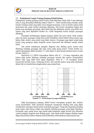 BAB VII
PERANCANGAN BATANG TEKAN LANJUTAN
Perancangan Struktur Gedung Metode LRFD – Elemen Aksial 153
P O L B A NP O L B A N
7.1 Pembahasan Lanjut Tentang Panjang Efektif Kolom
Pembahasan tentang panjang efektif kolom telah diberikan dalam Bab 5 dan beberapa
nilai K yang disarankan diberikan dalam Tabel 5.1. Tabel tersebut hanya berlaku untuk
kondisi tumpuan ideal yang tidak sesuai dengan kenyataan. Cara ini dinilai cukup untuk
prarencana dan untuk kondisi goyangan dikekang. Jika kolom merupakan bagian dari
portal yang mendapat goyangan, akan lebih baik jika dilakukan analisa yang lebih rinci
seperti yang akan dijelaskan berikut ini. Lebih diinginkan kolom dengan goyangan
dikekang.
Goyangan berhubungan dengan panjang efektif dan jenis tekuk. Pada struktur
statis tak tentu, goyangan terjadi jika portal berdefleksi lateral akibat beban lateral atau
beban tidak simetris atau portal yang tidak simetris. Goyangan juga dapat terjadi pada
kolom yang ujungnya dapat bergerak secara transversal dan dibebani sampai terjadi
tekuk.
Jika portal mempunyai pengaku diagonal atau dinding geser, kolom akan
dikekang terhadap goyangan dan juga rotasi pada ujung kolom. Untuk kondisi ini,
seperti ditunjukkan dalam Gambar 7.1, nilai faktor K akan berada diantara kasus (a) dan
(d) dari Tabel 5.1.
Spesificasi C2 LRFD menyatakan bahwa nilai K = 1,0 harus digunakan jika
kolom pada portal dikekang terhadap goyangan kecuali jika analisa menunjukkan
bahwa nilai yang lebih kecil dapat digunakan. Nilai K = 1,0 seringkali terlalu
konservatif (terlalu aman, cenderung boros), dan metoda analisa yang akan dijelaskan
dalam bab ini memberikan penghematan yang cukup besar.
(a) Pengaku Diagonal (b) Dinding Geser
Gambar 7.1 Portal dengan Goyangan Dikekang
Pada kenyataannya panjang efektif kolom merupakan properti dari struktur
secara keseluruhan. Pada umumnya bangunan mempunyai dinding bata yang dapat
memberikan sokongan lateral untuk mencegah goyangan. Tetapi jika digunakan dinding
yang ringan maka hanya sedikit saja tahanan terhadap goyangan yang dapat diberikan.
Goyangan yang cukup besar juga terjadi pada bangunan tinggi kecuali jika diberikan
system pengaku diagonal atau dinding geser. Jadi untuk kolom dengan dinding ringan
dapat diasumsikan bahwa tahanan lateral diberikan oleh kekakuan lateral portal saja.
 