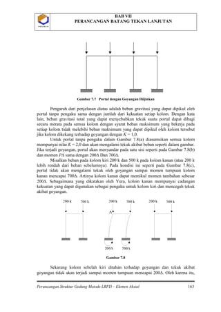 BAB VII
PERANCANGAN BATANG TEKAN LANJUTAN
Perancangan Struktur Gedung Metode LRFD – Elemen Aksial 163
P O L B A NP O L B A N
Gambar 7.7 Portal dengan Goyangan Diijinkan
Pengaruh dari penjelasan diatas adalah beban gravitasi yang dapat dipikul oleh
portal tanpa pengaku sama dengan jumlah dari kekuatan setiap kolom. Dengan kata
lain, beban gravitasi total yang dapat menyebabkan tekuk suatu portal dapat dibagi
secara merata pada semua kolom dengan syarat beban maksimum yang bekerja pada
setiap kolom tidak melebihi beban maksimum yang dapat dipikul oleh kolom tersebut
jika kolom dikekang terhadap goyangan dengan K = 1,0.
Untuk portal tanpa pengaku dalam Gambar 7.8(a) diasumsikan semua kolom
mempunyai nilai K = 2,0 dan akan mengalami tekuk akibat beban seperti dalam gambar.
Jika terjadi goyangan, portal akan menyandar pada satu sisi seperti pada Gambar 7.8(b)
dan momen P∆ sama dengan 200∆ Dan 700∆.
Misalkan beban pada kolom kiri 200 k dan 500 k pada kolom kanan (atau 200 k
lebih rendah dari beban sebelumnya). Pada kondisi ini seperti pada Gambar 7.8(c),
portal tidak akan mengalami tekuk oleh goyangan sampai momen tumpuan kolom
kanan mencapai 700∆. Artinya kolom kanan dapat memikul momen tambahan sebesar
200∆. Sebagaimana yang dikatakan oleh Yura, kolom kanan mempunyai cadangan
kekuatan yang dapat digunakan sebagai pengaku untuk kolom kiri dan mencegah tekuk
akibat goyangan.
Gambar 7.8
Sekarang kolom sebelah kiri ditahan terhadap goyangan dan tekuk akibat
goyangan tidak akan terjadi sampai momen tumpuan mencapai 200∆. Oleh karena itu,
 