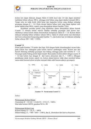 BAB VII
PERANCANGAN BATANG TEKAN LANJUTAN
Perancangan Struktur Gedung Metode LRFD – Elemen Aksial 164
P O L B A NP O L B A N
kolom kiri dapat didesain dengan faktor K lebih kecil dari 2,0 dan dapat memikul
tambahan beban sebesar 200 k, sehingga total beban yang dapat dipikul menjadi 400 k.
Tetapi nilai ini tidak boleh lebih besar dari kapasitas kolom yang ditahan terhadap
goyangan dengan K = 1,0. Perlu dicatat bahwa beban total yang dapat dipikul oleh
portal adalah tetap 900 k, seperti yang ditunjukkan dalam Gambar 7.8(a).
Kelebihan perilaku portal yang dijelaskan diatas ditunjukkan dalam bentuk
Contoh 7.3 dimana kolom interior ditahan terhadap goyangan oleh kolom luar.
Akibatnya semua kolom dalam diasumsikan mempunyai faktor K = 1,0. Kolom dalam
didesain terhadap beban terfaktor sebesar 660 k. Faktor K untuk kolom luar ditentukan
dari kurva alinyemen bergoyang pada Gambar 7.1, dan kolom luar ini didesain terhadap
beban sebesar 440 + 660 = 1100 k.
Contoh 7.3
Portal pada Gambar 7.9 terdiri dari baja A36 dengan balok disambungkan secara kaku
pada kolom luar sedangkan pada kolom interior sambungan sendi. Kolom atas dan
bawah dikekang terhadap goyangan luar bidang sehingga pada arah tersebut K = 1,0.
Goyangan pada bidang portal dapat terjadi. Rencanakan kolom dalam dengan asumsi K
= 1,0 dan kolom luar dengan K dari kurva alinyemen dan Pu
Gambar 7.9 Portal untuk Contoh 7.3
Solusi:
= 1100 k. (Dengan
pendekatan tekuk kolom seperti ini, kolom dalam/interior tidak akan memikul beban
sama sekali karena kolom tersebut menjadi tidak stabil karena adanya goyangan).
Perencanaan Kolom Dalam
Asumsikan K = 1,0; KL = (1,0)(15) = 15 ft; Pu = 660 k
Dari tabel kolom LRFD: gunakan W14 x 90
Perencanaan Kolom Luar
Keluar bidang: K = 1,0; Pu = 440 k
Dalam bidang: Pu = 440 + 660 = 1100 k, dan Kx ditentukan dari kurva alinyemen.
 