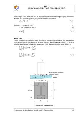 BAB VII
PERANCANGAN BATANG TEKAN LANJUTAN
Perancangan Struktur Gedung Metode LRFD – Elemen Aksial 169
P O L B A NP O L B A N
arah hampir sama besar dan hal ini dapat mempertahankan tebal pelat yang minimum.
Kondisi m = n dapat dipenuhi jika persamaan berikut dipenuhi.
∆+≈ 1AN (7.8)
dimana A1
)80,095,0(5,0 fbd −=∆
= luas pelat = BN (7.9)
(7.10)
N
A
B 1
≈ (7.11)
Tebal Pelat
Untuk menentukan tebal pelat yang diperlukan, momen diambil dalam dua arah seolah-
olah pelat terlentur keatas dengan dimensi m dan n. Berdasarkan Gambar 7.12, berikut
ini diberikan momen pada kedua penampang kritis dengan meninjau lebar pelat 1 in.
BN
mP
mm
BN
P uu
2
)2/)((
2
=





(7.12)
BN
nP
nn
BN
P uu
2
)2/)((
2
=





(7.13)
Gambar 7.12 Pelat Landasan
 