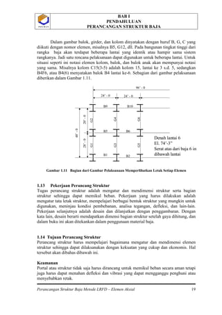 BAB I
PENDAHULUAN
PERANCANGAN STRUKTUR BAJA
Perancangan Struktur Baja Metode LRFD – Elemen Aksial 19
P O L B A NP O L B A N
Dalam gambar balok, girder, dan kolom dinyatakan dengan huruf B, G, C yang
diikuti dengan nomor elemen, misalnya B5, G12, dll. Pada bangunan tingkat tinggi dari
rangka baja akan terdapat beberapa lantai yang identik atau hampir sama sistem
rangkanya. Jadi satu rencana pelaksanaan dapat digunakan untuk beberapa lantai. Untuk
situasi seperti ini notasi elemen kolom, balok, dan balok anak akan mempunyai notasi
yang sama. Misalnya kolom C15(3-5) adalah kolom 15, lantai ke 3 s.d. 5, sedangkan
B4F6, atau B4(6) menyatakan balok B4 lantai ke-6. Sebagian dari gambar pelaksanaan
diberikan dalam Gambar 1.11.
Gambar 1.11 Bagian dari Gambar Pelaksanaan Memperlihatkan Letak Setiap Elemen
1.13 Pekerjaan Perancang Struktur
Tugas perancang struktur adalah mengatur dan mendimensi struktur serta bagian
struktur sehingga dapat memikul beban. Pekerjaan yang harus dilakukan adalah
mengatur tata letak struktur, mempelajari berbagai bentuk struktur yang mungkin untuk
digunakan, meninjau kondisi pembebanan, analisa tegangan, defleksi, dan lain-lain.
Pekerjaan selanjutnya adalah desain dan dilanjutkan dengan penggambaran. Dengan
kata lain, desain berarti mendapatkan dimensi bagian struktur setelah gaya dihitung, dan
dalam buku ini akan ditekankan dalam penggunaan material baja.
1.14 Tujuan Perancang Struktur
Perancang struktur harus mempelajari bagaimana mengatur dan mendimensi elemen
struktur sehingga dapat dilaksanakan dengan kekuatan yang cukup dan ekonomis. Hal
tersebut akan dibahas dibawah ini.
Keamanan
Portal atau struktur tidak saja harus dirancang untuk memikul beban secara aman tetapi
juga harus dapat menahan defleksi dan vibrasi yang dapat mengganggu penghuni atau
menyebabkan retak.
96’ - 0
24’ - 0
48’-0
28’-020’-0
24’ - 0
B1
B10B9
B6B5
B2
G6G5
G4G3
G2G1
Denah lantai 6
El. 74’-3”
Serat atas dari baja 6 in
dibawah lantai
96’ - 0
24’ - 0
48’-0
28’-020’-0
24’ - 0
B1
B10B9
B6B5
B2
G6G5
G4G3
G2G1
Denah lantai 6
El. 74’-3”
Serat atas dari baja 6 in
dibawah lantai
 