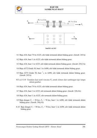 BAB VIII
SAMBUNGAN BAUT
Perancangan Struktur Gedung Metode LRFD – Elemen Aksial 206
P O L B A NP O L B A N
Soal 8.1 s.d. 8.5
8.1 Baja A36, baut 7/8 in A325, ulir tidak termasuk dalam bidang geser. (Jawab: 243 k)
8.2 Baja A36, baut ¾ in A325, ulir tidak termasuk dalam bidang geser.
8.3 Baja A36, baut 1 in A325, ulir tidak termasuk dalam bidang geser. (Jawab: 254,3 k)
8.4 Baja A572 Grade 50, baut 1 in A490, ulir tidak termasuk dalam bidang geser.
8.5 Baja A572 Grade 50, baut 7
/8
8.6 s.d. 8.10 Tentukan kuat tarik rencana P
in A490, ulir tidak termasuk dalam bidang geser.
(Jawab: 243 k)
u
8.6 Baja A36, baut 7/8 in A325, ulir tidak termasuk dalam bidang geser.
untuk elemen dan sambungan tipe tumpu
dalam gambar.
8.7 Baja A36, baut 1 in A325, ulir termasuk dalam bidang geser. (Jawab: 328,4 k)
8.8 Baja A36, baut ¾ in A325, ulir termasuk dalam bidang geser.
8.9 Baja dengan Fy = 50 ksi, Fu = 70 ksi, baut 1 in A490, ulir tidak termasuk dalam
bidang geser. (Jawab: 396,4 k)
8.10 Baja dengan Fy = 50 ksi, Fu = 70 ksi, baut ¾ in A490, ulir tidak termasuk dalam
bidang geser.
Pu
Pu
PL ¾ x 12 in
PL ¾ x 12 in
Pu Pu
Pu
Pu
PL ¾ x 12 in
PL ¾ x 12 in
Pu Pu
 