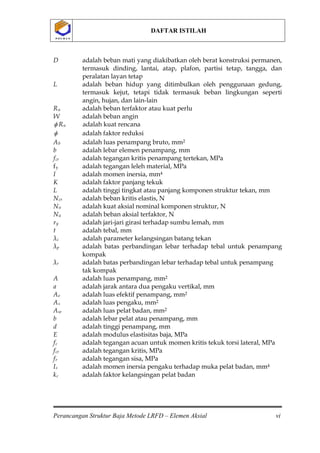 DAFTAR ISTILAH
Perancangan Struktur Baja Metode LRFD – Elemen Aksial vi
P O L B A NP O L B A N
D adalah beban mati yang diakibatkan oleh berat konstruksi permanen,
termasuk dinding, lantai, atap, plafon, partisi tetap, tangga, dan
peralatan layan tetap
L adalah beban hidup yang ditimbulkan oleh penggunaan gedung,
termasuk kejut, tetapi tidak termasuk beban lingkungan seperti
angin, hujan, dan lain-lain
Ru
φ
adalah beban terfaktor atau kuat perlu
W adalah beban angin
Rn
φ
adalah kuat rencana
adalah faktor reduksi
Ab adalah luas penampang bruto, mm2
b adalah lebar elemen penampang, mm
fcr adalah tegangan kritis penampang tertekan, MPa
fy adalah tegangan leleh material, MPa
I adalah momen inersia, mm4
K adalah faktor panjang tekuk
L adalah tinggi tingkat atau panjang komponen struktur tekan, mm
Ncr adalah beban kritis elastis, N
Nn adalah kuat aksial nominal komponen struktur, N
Nu adalah beban aksial terfaktor, N
ry adalah jari-jari girasi terhadap sumbu lemah, mm
t adalah tebal, mm
λc adalah parameter kelangsingan batang tekan
λp adalah batas perbandingan lebar terhadap tebal untuk penampang
kompak
λr adalah batas perbandingan lebar terhadap tebal untuk penampang
tak kompak
A adalah luas penampang, mm2
a adalah jarak antara dua pengaku vertikal, mm
Ae adalah luas efektif penampang, mm2
As adalah luas pengaku, mm2
Aw adalah luas pelat badan, mm2
b adalah lebar pelat atau penampang, mm
d adalah tinggi penampang, mm
E adalah modulus elastisitas baja, MPa
fc adalah tegangan acuan untuk momen kritis tekuk torsi lateral, MPa
fcr adalah tegangan kritis, MPa
fr adalah tegangan sisa, MPa
Is adalah momen inersia pengaku terhadap muka pelat badan, mm4
kc adalah faktor kelangsingan pelat badan
 