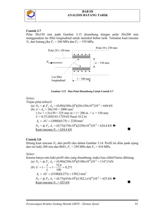 BAB III
ANALISIS BATANG TARIK
Perancangan Struktur Gedung Metode LRFD – Elemen Aksial 52
P O L B A NP O L B A N
Contoh 3.7
Pelat 20x150 mm pada Gambar 3.13 disambung dengan pelat 20x200 mm
menggunakan las fillet longitudinal untuk memikul beban tarik. Tentukan kuat rencana
Nu dari batang jika Fy = 240 MPa dan Fu = 370 MPa.
Gambar 3.13 Dua Pelat Disambung Untuk Contoh 3.7
Solusi:
Tinjau pelat terkecil
(a) Nu = φt Fy Ag = (0,90)(240x106
)(20x150x10-6
)10-3
(b) A = A
= 648 kN
g = 20x150 = 3000 mm
1,5w = 1,5x150 = 225 mm in > l = 200 in. > w = 150 mm.
U = 0,75 (SNI 03-1729-02 Pasal 10.2.4)
2
2
mm2250)75,0)(3000( === AUAe
Nu = φt Fu Ae = (0,75)(370x106
)(2250x10-6
)10-3
= 624,4 kN 
Kuat rencana Nu = 624,4 kN
Contoh 3.8

Hitung kuat rencana Nu dari profil siku dalam Gambar 3.14. Profil ini dilas pada ujung
dan sisi kaki 200 mm dan BJ41, Fy = 250 MPa dan Fu
(a) N
= 410 MPa.
Solusi:
Karena hanya satu kaki profil siku yang disambung, maka luas efektif harus dihitung.
u = φt Fy Ag = (0,90)(250x106
)(5100x10-6
)10-3
(b)
= 1147,5 kN
271,0
100
9,72
11 =−=−=
L
x
U
2
mm1,1382)271,0)(5100( === AUAe
Nu = φt Fu Ae = (0,75)(410x106
)(1382,1x10-6
)10-3
= 425 kN 
Kuat rencana Nu = 425 kN 
 