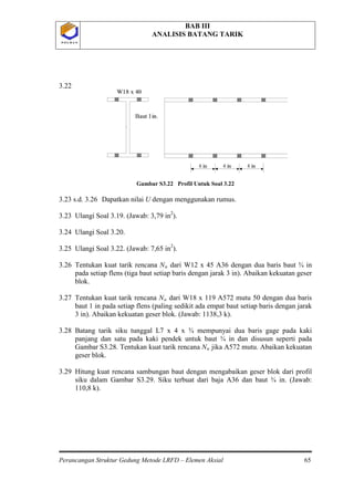 BAB III
ANALISIS BATANG TARIK
Perancangan Struktur Gedung Metode LRFD – Elemen Aksial 65
P O L B A NP O L B A N
3.22
Gambar S3.22 Profil Untuk Soal 3.22
3.23 s.d. 3.26 Dapatkan nilai U dengan menggunakan rumus.
3.23 Ulangi Soal 3.19. (Jawab: 3,79 in2
3.24 Ulangi Soal 3.20.
).
3.25 Ulangi Soal 3.22. (Jawab: 7,65 in2
).
3.26 Tentukan kuat tarik rencana Nu dari W12 x 45 A36 dengan dua baris baut ¾ in
pada setiap flens (tiga baut setiap baris dengan jarak 3 in). Abaikan kekuatan geser
blok.
3.27 Tentukan kuat tarik rencana Nu dari W18 x 119 A572 mutu 50 dengan dua baris
baut 1 in pada setiap flens (paling sedikit ada empat baut setiap baris dengan jarak
3 in). Abaikan kekuatan geser blok. (Jawab: 1138,3 k).
3.28 Batang tarik siku tunggal L7 x 4 x ¾ mempunyai dua baris gage pada kaki
panjang dan satu pada kaki pendek untuk baut ¾ in dan disusun seperti pada
Gambar S3.28. Tentukan kuat tarik rencana Nu jika A572 mutu. Abaikan kekuatan
geser blok.
3.29 Hitung kuat rencana sambungan baut dengan mengabaikan geser blok dari profil
siku dalam Gambar S3.29. Siku terbuat dari baja A36 dan baut ¾ in. (Jawab:
110,8 k).
 