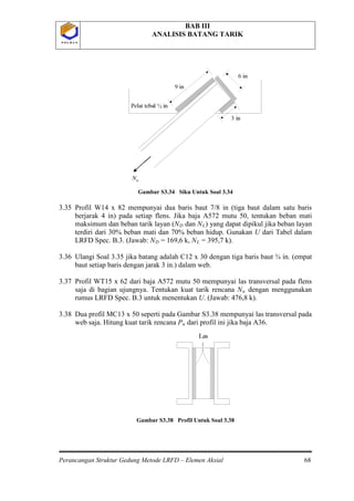 BAB III
ANALISIS BATANG TARIK
Perancangan Struktur Gedung Metode LRFD – Elemen Aksial 68
P O L B A NP O L B A N
Gambar S3.34 Siku Untuk Soal 3.34
3.35 Profil W14 x 82 mempunyai dua baris baut 7/8 in (tiga baut dalam satu baris
berjarak 4 in) pada setiap flens. Jika baja A572 mutu 50, tentukan beban mati
maksimum dan beban tarik layan (ND dan NL) yang dapat dipikul jika beban layan
terdiri dari 30% beban mati dan 70% beban hidup. Gunakan U dari Tabel dalam
LRFD Spec. B.3. (Jawab: ND = 169,6 k, NL = 395,7 k).
3.36 Ulangi Soal 3.35 jika batang adalah C12 x 30 dengan tiga baris baut ¾ in. (empat
baut setiap baris dengan jarak 3 in.) dalam web.
3.37 Profil WT15 x 62 dari baja A572 mutu 50 mempunyai las transversal pada flens
saja di bagian ujungnya. Tentukan kuat tarik rencana Nu dengan menggunakan
rumus LRFD Spec. B.3 untuk menentukan U. (Jawab: 476,8 k).
3.38 Dua profil MC13 x 50 seperti pada Gambar S3.38 mempunyai las transversal pada
web saja. Hitung kuat tarik rencana Pu
Gambar S3.38 Profil Untuk Soal 3.38
dari profil ini jika baja A36.
 