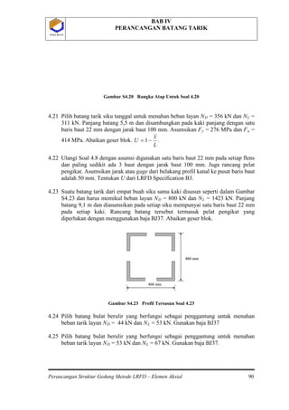 BAB IV
PERANCANGAN BATANG TARIK
Perancangan Struktur Gedung Metode LRFD – Elemen Aksial 90
P O L B A NP O L B A N
Gambar S4.20 Rangka Atap Untuk Soal 4.20
4.21 Pilih batang tarik siku tunggal untuk menahan beban layan ND = 356 kN dan NL =
311 kN. Panjang batang 5,5 m dan disambungkan pada kaki panjang dengan satu
baris baut 22 mm dengan jarak baut 100 mm. Asumsikan Fy = 276 MPa dan Fu
L
x
U −= 1
=
414 MPa. Abaikan geser blok. .
4.22 Ulangi Soal 4.8 dengan asumsi digunakan satu baris baut 22 mm pada setiap flens
dan paling sedikit ada 3 baut dengan jarak baut 100 mm. Juga rancang pelat
pengikat. Asumsikan jarak atau gage dari belakang profil kanal ke pusat baris baut
adalah 50 mm. Tentukan U dari LRFD Specification B3.
4.23 Suatu batang tarik dari empat buah siku sama kaki disusun seperti dalam Gambar
S4.23 dan harus memikul beban layan ND = 800 kN dan NL = 1423 kN. Panjang
batang 9,1 m dan diasumsikan pada setiap siku mempunyai satu baris baut 22 mm
pada setiap kaki. Rancang batang tersebut termasuk pelat pengikat yang
diperlukan dengan menggunakan baja BJ37. Abaikan geser blok.
Gambar S4.23 Profil Tersusun Soal 4.23
4.24 Pilih batang bulat berulir yang berfungsi sebagai penggantung untuk menahan
beban tarik layan ND = 44 kN dan NL = 53 kN. Gunakan baja BJ37
4.25 Pilih batang bulat berulir yang berfungsi sebagai penggantung untuk menahan
beban tarik layan ND = 53 kN dan NL
460 mm
460 mm
460 mm460 mm
460 mm
= 67 kN. Gunakan baja BJ37.
 