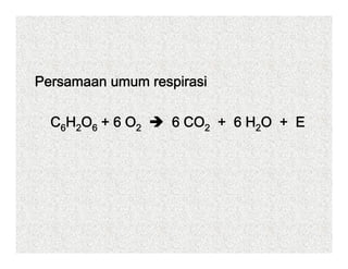 Persamaan umum respirasi

  C 6 H 2O 6 + 6 O 2   6 CO2 + 6 H2O + E
 