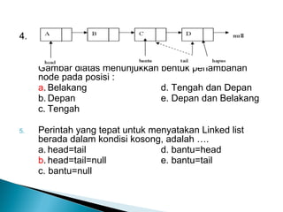 4.
Gambar diatas menunjukkan bentuk penambahan
node pada posisi :
a. Belakang d. Tengah dan Depan
b. Depan e. Depan dan Belakang
c. Tengah
5. Perintah yang tepat untuk menyatakan Linked list
berada dalam kondisi kosong, adalah ….
a. head=tail d. bantu=head
b. head=tail=null e. bantu=tail
c. bantu=null
 