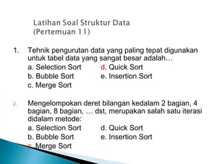 1. Tehnik pengurutan data yang paling tepat digunakan
untuk tabel data yang sangat besar adalah…
a. Selection Sort d. Quick Sort
b. Bubble Sort e. Insertion Sort
c. Merge Sort
2. Mengelompokan deret bilangan kedalam 2 bagian, 4
bagian, 8 bagian, … dst, merupakan salah satu iterasi
didalam metode:
a. Selection Sort d. Quick Sort
b. Bubble Sort e. Insertion Sort
c. Merge Sort
 
