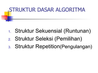 STRUKTUR DASAR ALGORITMA


1.   Struktur Sekuensial (Runtunan)
2.   Struktur Seleksi (Pemilihan)
3.   Struktur Repetition(Pengulangan)
 
