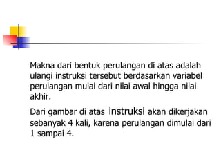 Makna dari bentuk perulangan di atas adalah
ulangi instruksi tersebut berdasarkan variabel
perulangan mulai dari nilai awal hingga nilai
akhir.
Dari gambar di atas instruksi akan dikerjakan
sebanyak 4 kali, karena perulangan dimulai dari
1 sampai 4.
 