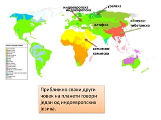 индоевропска
кинеско-
тибетанска
индоевропска
уралска
семитско-
хамитска
алтајска
Приближно сваки други
човек на планети говори
један од индоевропских
језика.
 