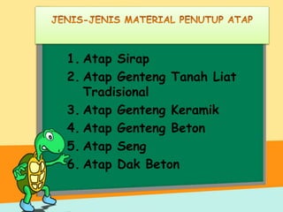 1. Atap Sirap
2. Atap Genteng Tanah Liat
Tradisional
3. Atap Genteng Keramik
4. Atap Genteng Beton
5. Atap Seng
6. Atap Dak Beton
 