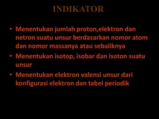 INDIKATORMenentukan jumlah proton,elektron dan netron suatu unsur berdasarkan nomor atom dan nomor massanya atau sebaliknyaMenentukan isotop, isobar dan isoton suatu unsurMenentukan elektron valensi unsur dari konfigurasi elektron dan tabel periodik