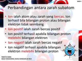 Perbandingan antara zarah subatom
• Ion ialah atom atau zarah yang bercas. Ion
terhasil bila bilangan proton atau bilangan
elektron tidak seimbang
• Ion positif ialah zarah bercas positif
• Ion positif terhasil apabila bilangan proton
melebihi bilangan elektron
• Ion negatif ialah zarah bercas negatif
• Ion negatif terhasil apabila bilangan
elektron melebihi bilangan proton
PANITIA SAINS
KOLEJ VOKASIONAL KUALA KANGSAR @ 2013
BAB 4
 