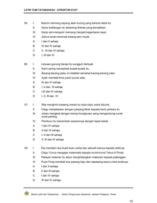 LATIH TUBI TATABAHASA : STRUKTUR AYAT
Modul Latih tubi Tatabahasa : Sektor Pengurusan Akademik, Jabatan Pelajaran Perak
15
59. I Nazimi memang sayang akan kucing yang berbulu lebat itu.
II Gerai kraftangan itu sekarang Wahab yang kendalikan.
III Kerja ukir-mengukir memang menjadi kegemaran saya.
IV Zahrul amat meminati bidang seni muzik .
A I dan II sahaja
B III dan IV sahaja
C II , III dan IV sahaja
D I, III dan IV
60. I Letusan gunung berapi itu sungguh dahsyat.
II Kami sering menasihati budak-budak itu.
III Barang-barang palsu ini tidaklah semahal barang-barang tulen.
IV Ayah membeli lima puluh pucuk sate.
A III dan IV sahaja
B I, II dan III sahaja
C I,III dan IV sahaja.
D I, II, III dan IV
61 I Rita menghiris bawang merah itu nipis-nipis untuk ditumis.
II Cikgu menjelaskan dengan panjang lebar kepada kami perkara itu.
III Johan mengikat dengan kemas bungkusan yang mengandungi surat-
surat penting.
IV Pemburu itu menembak sasarannya dengan tepat sekali.
A I dan IV sahaja
B II dan III sahaja
C I, II dan III sahaja
D II, III dan IV sahaja
62 I Dia memberi dua buah buku cerita dan sebuah kamus kepada adiknya.
II Cikgu Yunus mengajar matematik kepada murid-murid Tahun 6 Pintar.
III Pelayan restoran itu sibuk menghidangkan makanan kepada pelanggan.
IV Puan Fong membeli dua pasang baju dan sepasang kasut untuk anaknya.
A I dan II sahaja
B II dan III sahaja
C I dan IV sahaja
D III dan IV sahaja
 