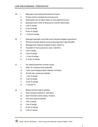 LATIH TUBI TATABAHASA : STRUKTUR AYAT
Modul Latih tubi Tatabahasa : Sektor Pengurusan Akademik, Jabatan Pelajaran Perak
7
29. I Beberapa murid sedang berbual-bual di kantin.
II Di atas pokok itu terdapat dua burung punai.
III Kebanyakan ikan di dalam kolam itu mati akibat keracunan.
IV Beberapa buah rumah di kampung itu musnah akibat banjir.
A I dan IV sahaja
B II dan III sahaja
C III dan IV sahaja
D I, III dan IV sahaja
30 I Setengah-setengah murid tidak suka menyertai kegiatan kokurikulum.
II Kamarul tersentak apabila namanya dipanggil oleh Cikgu Mustaffa.
III Berbagai jenis makanan terdapat di pasar malam itu.
IV “Duduklah di mana yang kamu suka,” kata Rani.
A I dan II sahaja
B II dan III sahaja
C I, II dan III sahaja
D II, III dan IV sahaja
31 I Ibu sedang bersenam di taman bunga.
II Kelly Tan membaca buku pada bilik.
III Lyann suka berjoging dalam halaman rumahnya.
IV Aminah baru pulang dari sekolah.
A I dan IV sahaja
B II dan III sahaja
C III dan IV sahaja
D I, II,III dan IV
32 I Mereka bermain bola ke padang.
II Kami menyapu sampah ke bilik kelas.
III Ayah menanam pokok pisang di kebun.
IV Amin baru pergi ke sekolah.
A I dan II sahaja
B I dan III sahaja
C III dan IV sahaja
D II dan IV sahaja
 