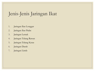 Jenis-Jenis Jaringan Ikat
1. Jaringan Ikat Longgar
2. Jaringan Ikat Padat
3. Jaringan Lemak
4. Jaringan Tulang Rawan
5. Jaringan Tulang Keras
6. Jaringan Darah
7. Jaringan Limfe
 