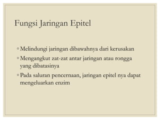 Fungsi Jaringan Epitel
◦ Melindungi jaringan dibawahnya dari kerusakan
◦ Mengangkut zat-zat antar jaringan atau rongga
yang dibatasinya
◦ Pada saluran pencernaan, jaringan epitel nya dapat
mengeluarkan enzim
 