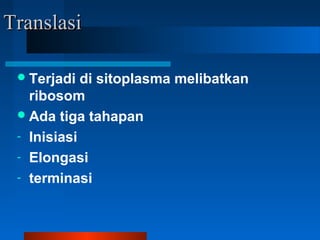 TranslasiTranslasi
Terjadi di sitoplasma melibatkan
ribosom
Ada tiga tahapan
- Inisiasi
- Elongasi
- terminasi
 