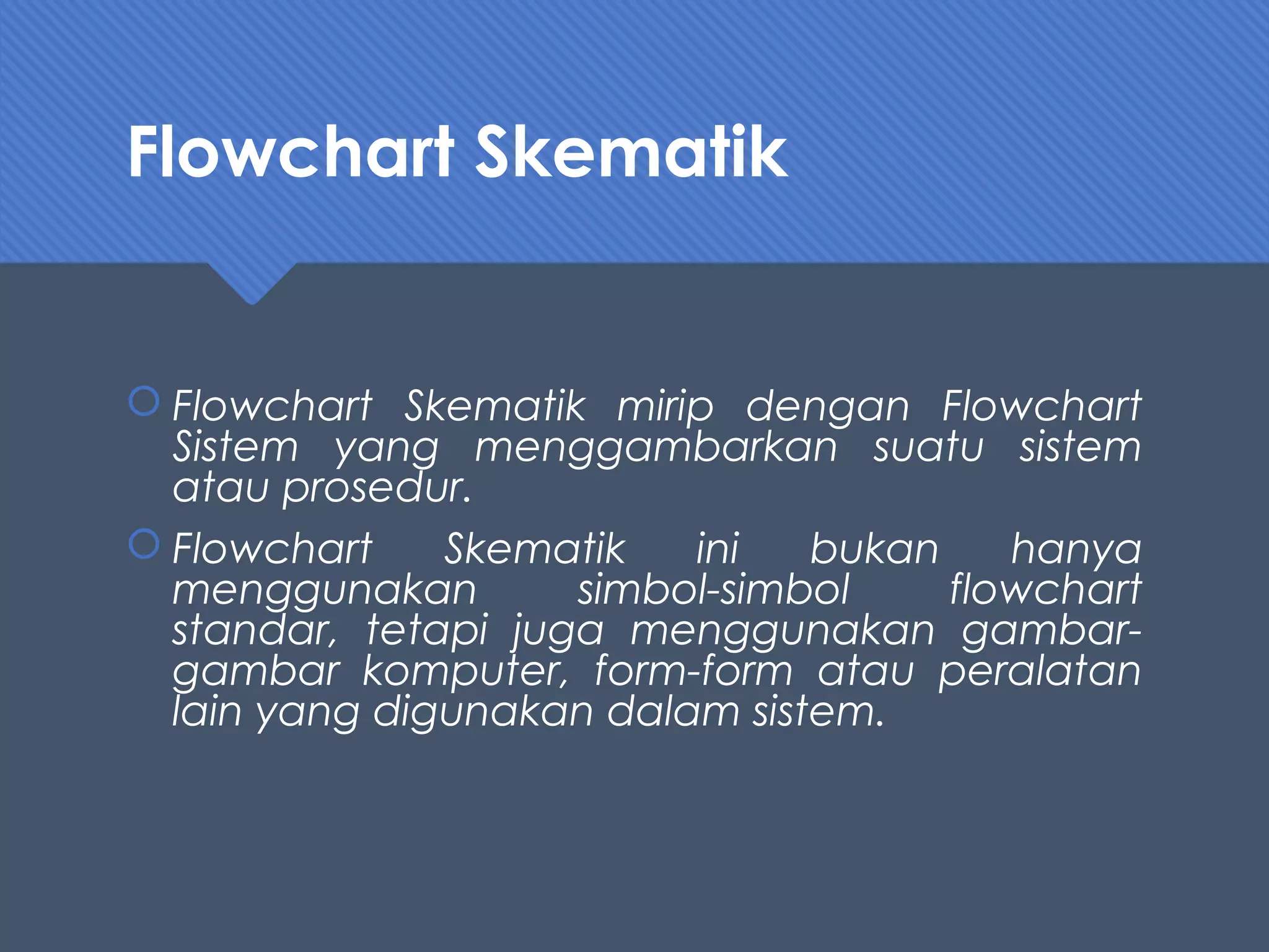 Flowchart Skematik
 Flowchart Skematik mirip dengan Flowchart
Sistem yang menggambarkan suatu sistem
atau prosedur.
 Flowchart Skematik ini bukan hanya
menggunakan simbol-simbol flowchart
standar, tetapi juga menggunakan gambar-
gambar komputer, form-form atau peralatan
lain yang digunakan dalam sistem.
 
