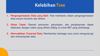 Kelebihan Tree
1. Pengorganisasian Data yang Baik: Tree membantu dalam pengorganisasian
data secara hierarkis dan efisien.
2. Akses Cepat: Operasi pencarian, penyisipan, dan penghapusan dapat
dilakukan dengan waktu yang efisien (O(log n) untuk BST yang seimbang).
3. Memudahkan Traversal Data: Memberikan berbagai cara untuk mengunjungi
dan memanipulasi data.
 