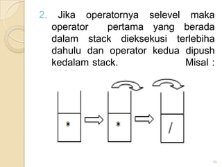 2.    Jika operatornya selevel maka
     operator   pertama yang berada
     dalam stack dieksekusi terlebiha
     dahulu dan operator kedua dipush
     kedalam stack.            Misal :
     P*Q/R




                                     10
 